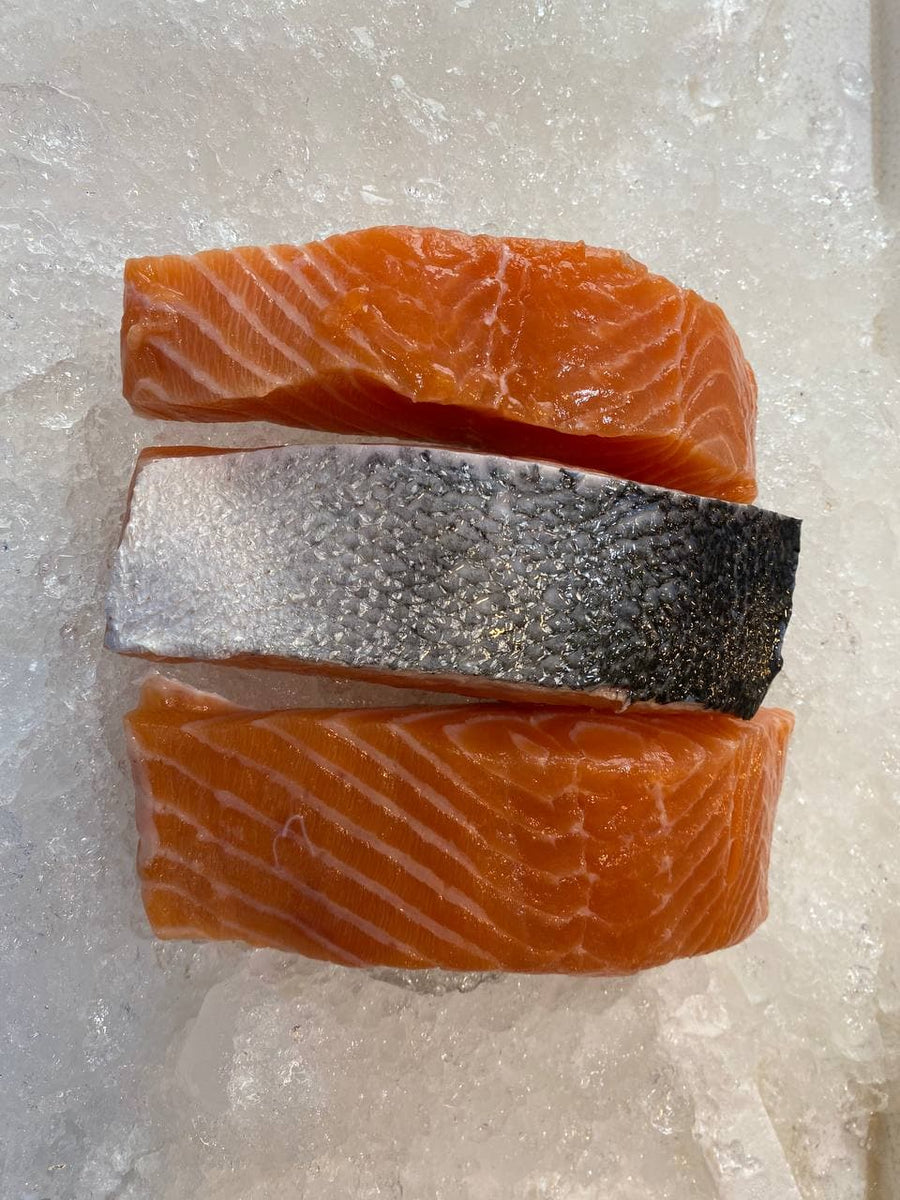 Atlantic salmon fillets on ice